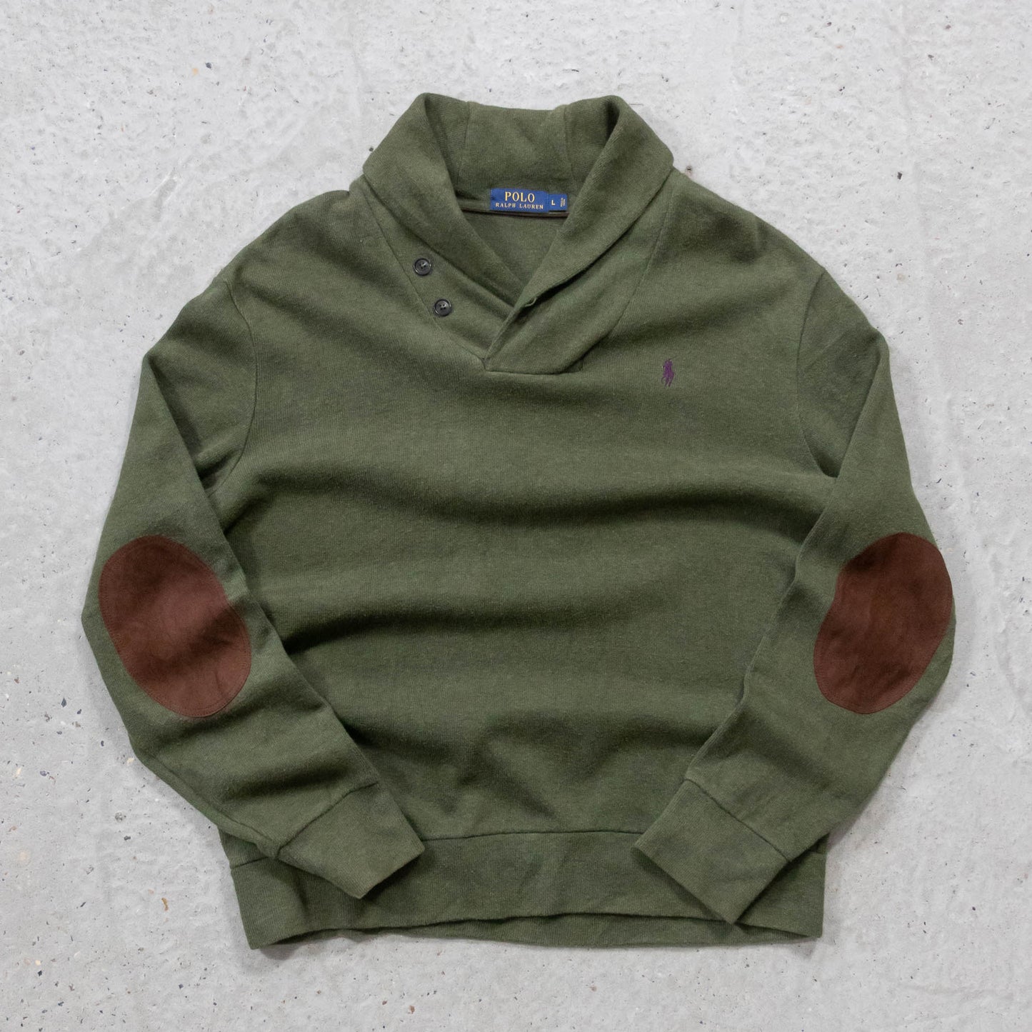 Polo Ralph Lauren Shawl Collar Elbow Patch Sweater - 2000s (L)