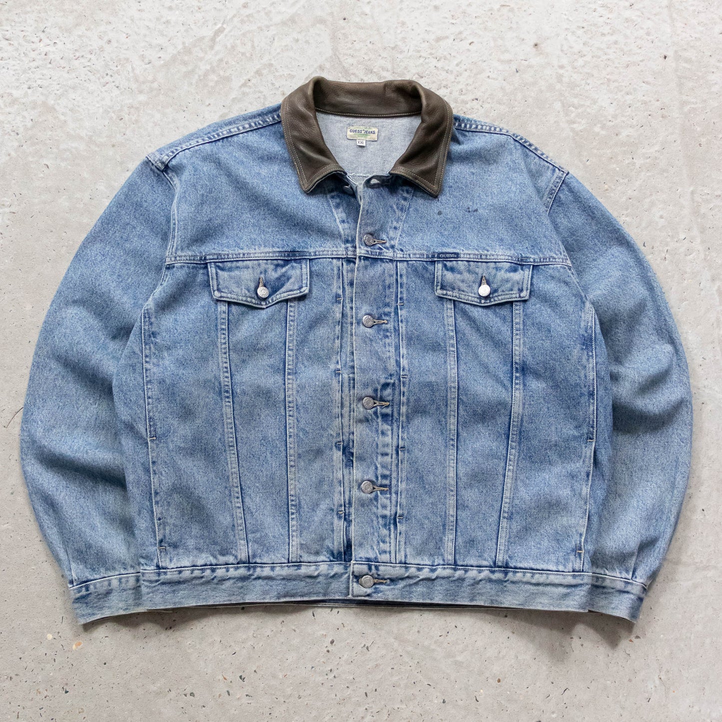 Guess Jeans Leather Collar Denim Trucker Jacket - 90s (XXL)