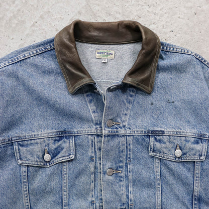 Guess Jeans Leather Collar Denim Trucker Jacket - 90s (XXL)
